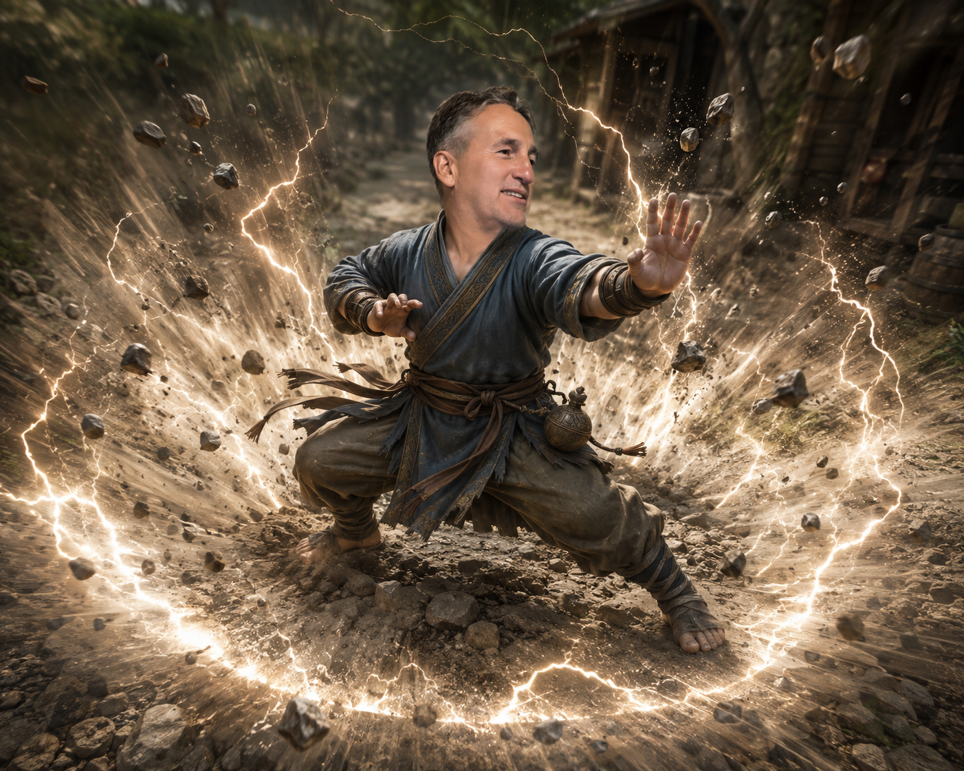 Illustrated portrait of Mike Thode in a martial-arts stance, ringed by lightning